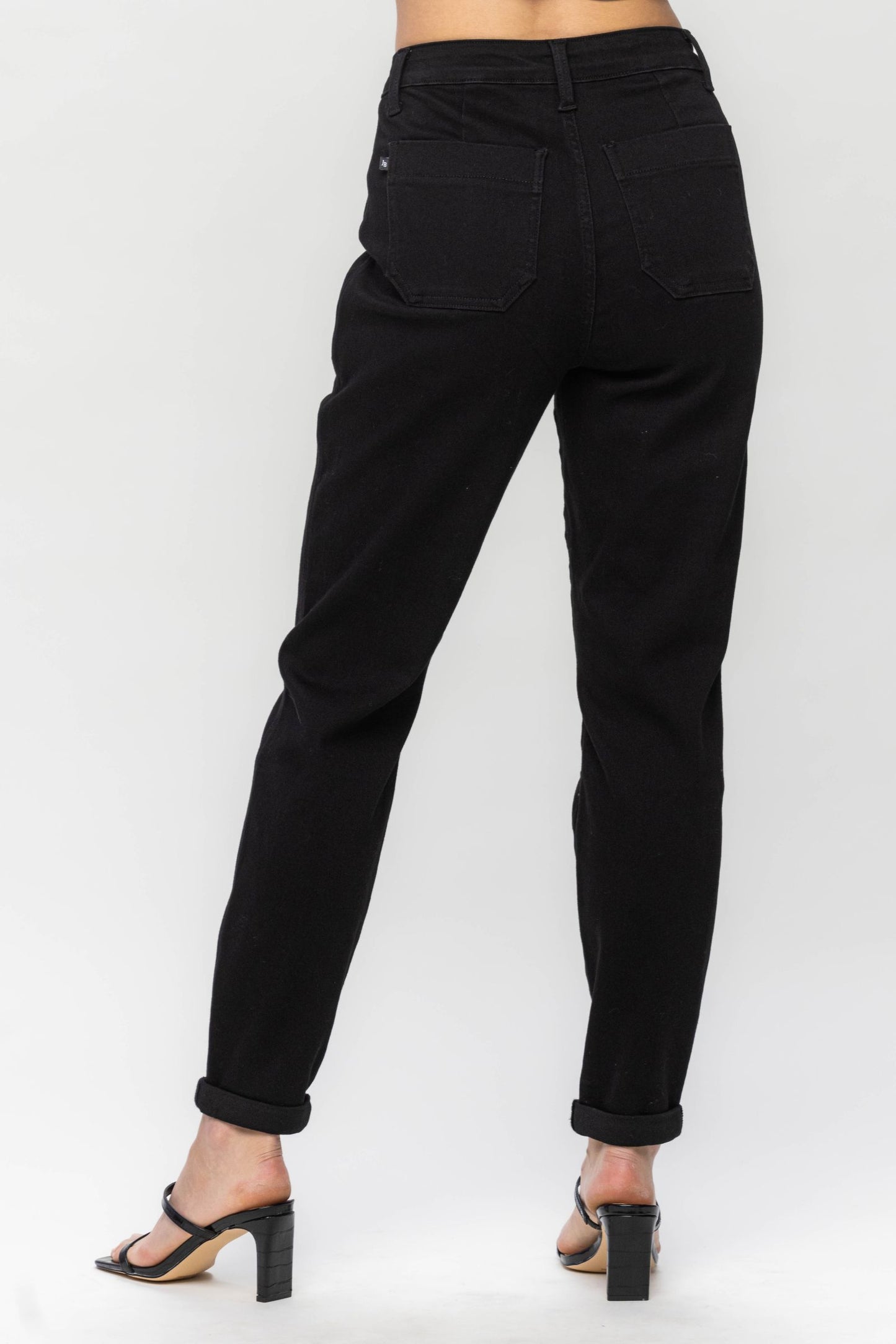 High Waist Jet Black Double Roll Cuff Joggers