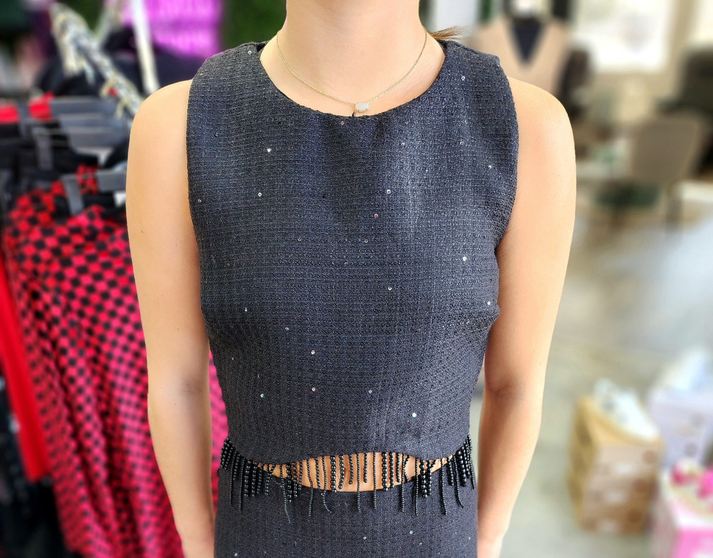 The Sequin Tweed Beaded Fringe Top