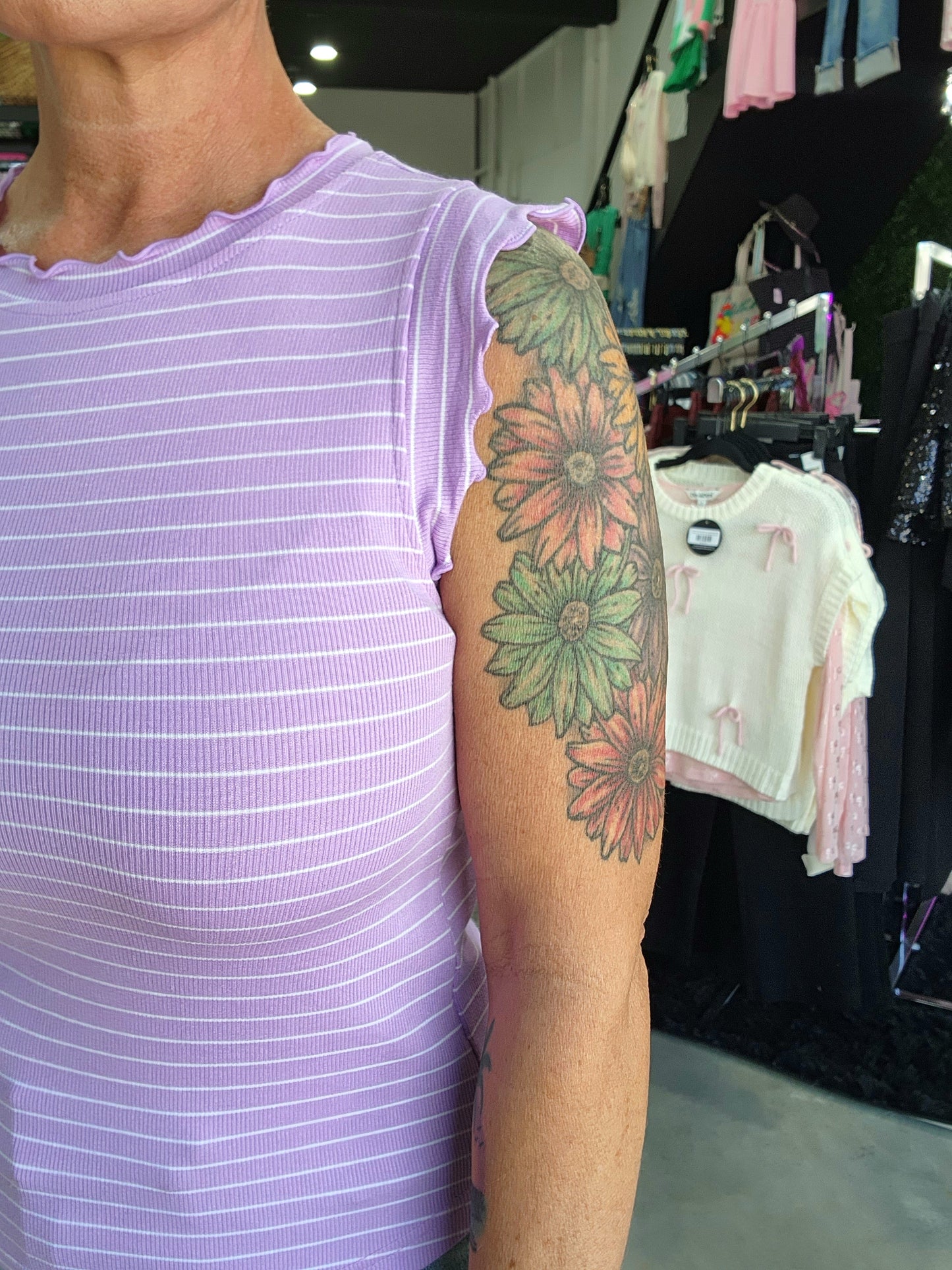 Zenana Ribbed Ruffle Trim Sleeveless Stripe Top