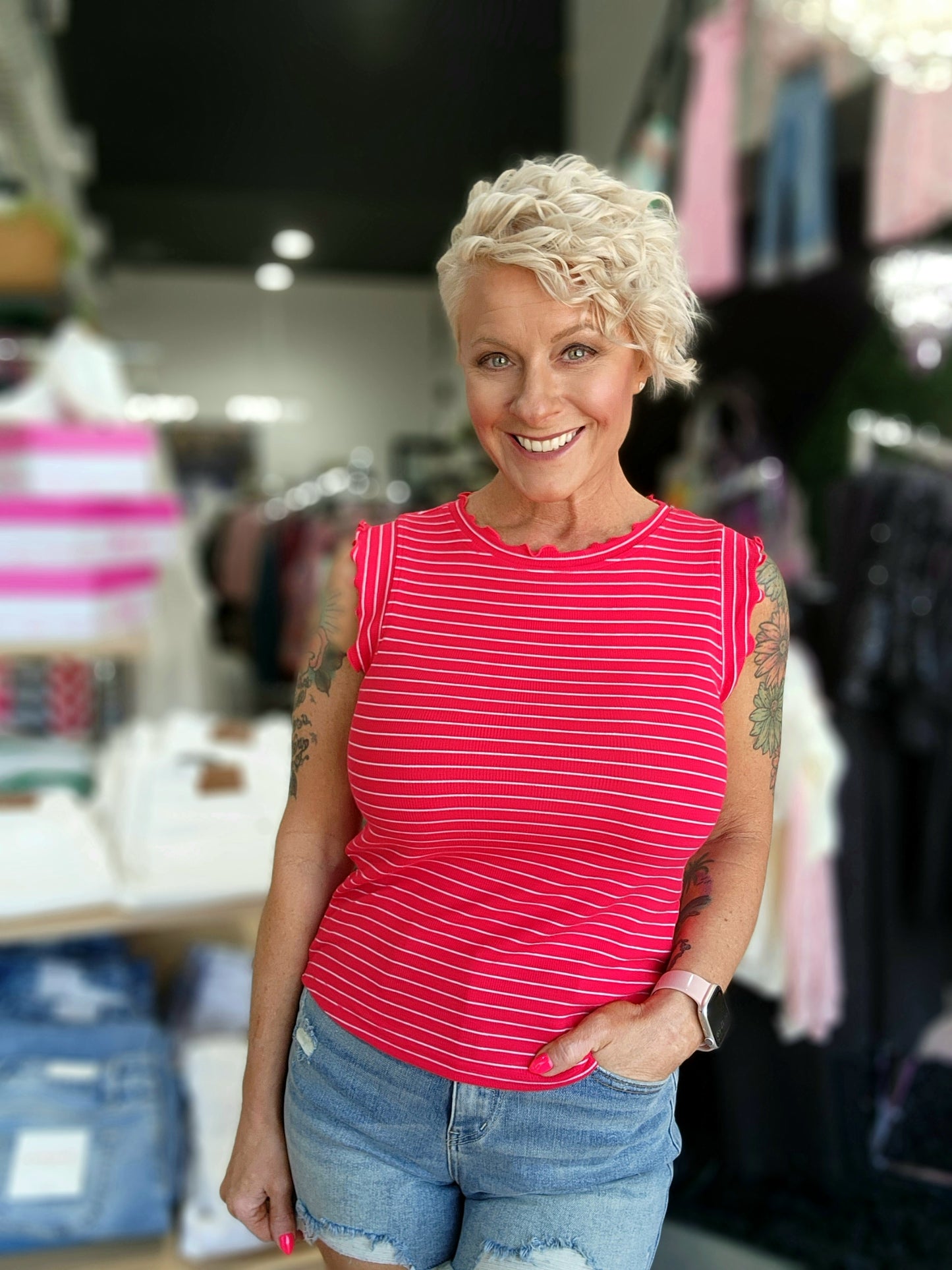 Zenana Ribbed Ruffle Trim Sleeveless Stripe Top