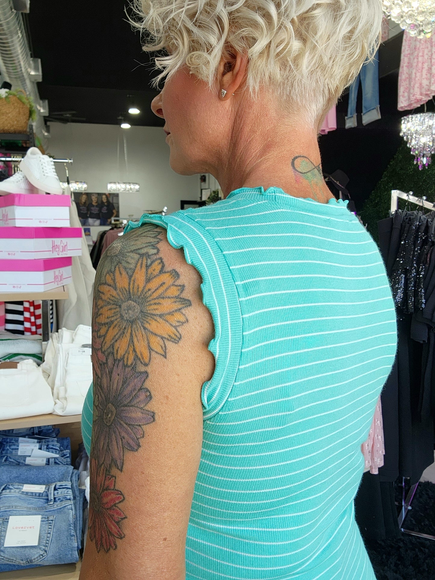 Zenana Ribbed Ruffle Trim Sleeveless Stripe Top