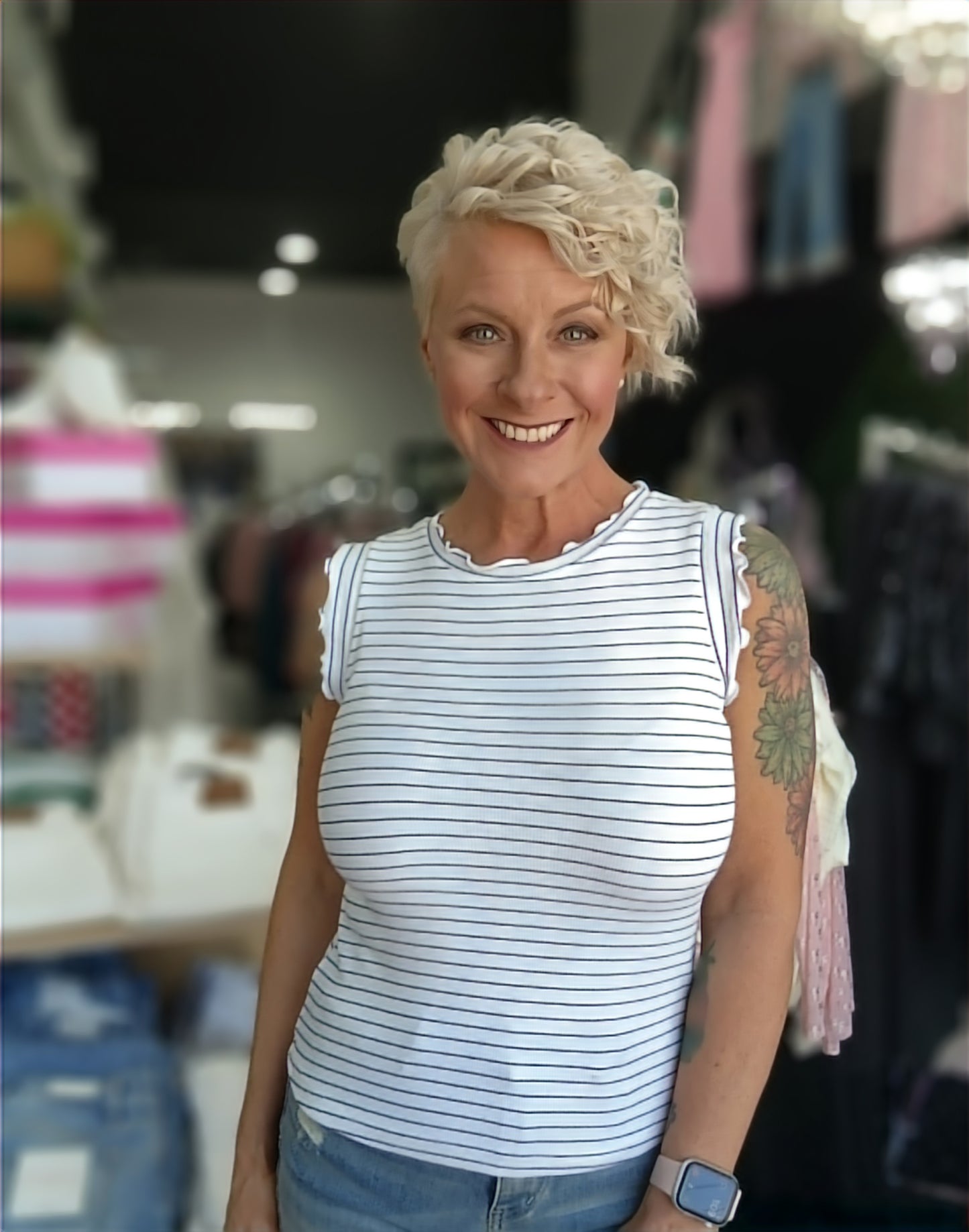 Zenana Ribbed Ruffle Trim Sleeveless Stripe Top