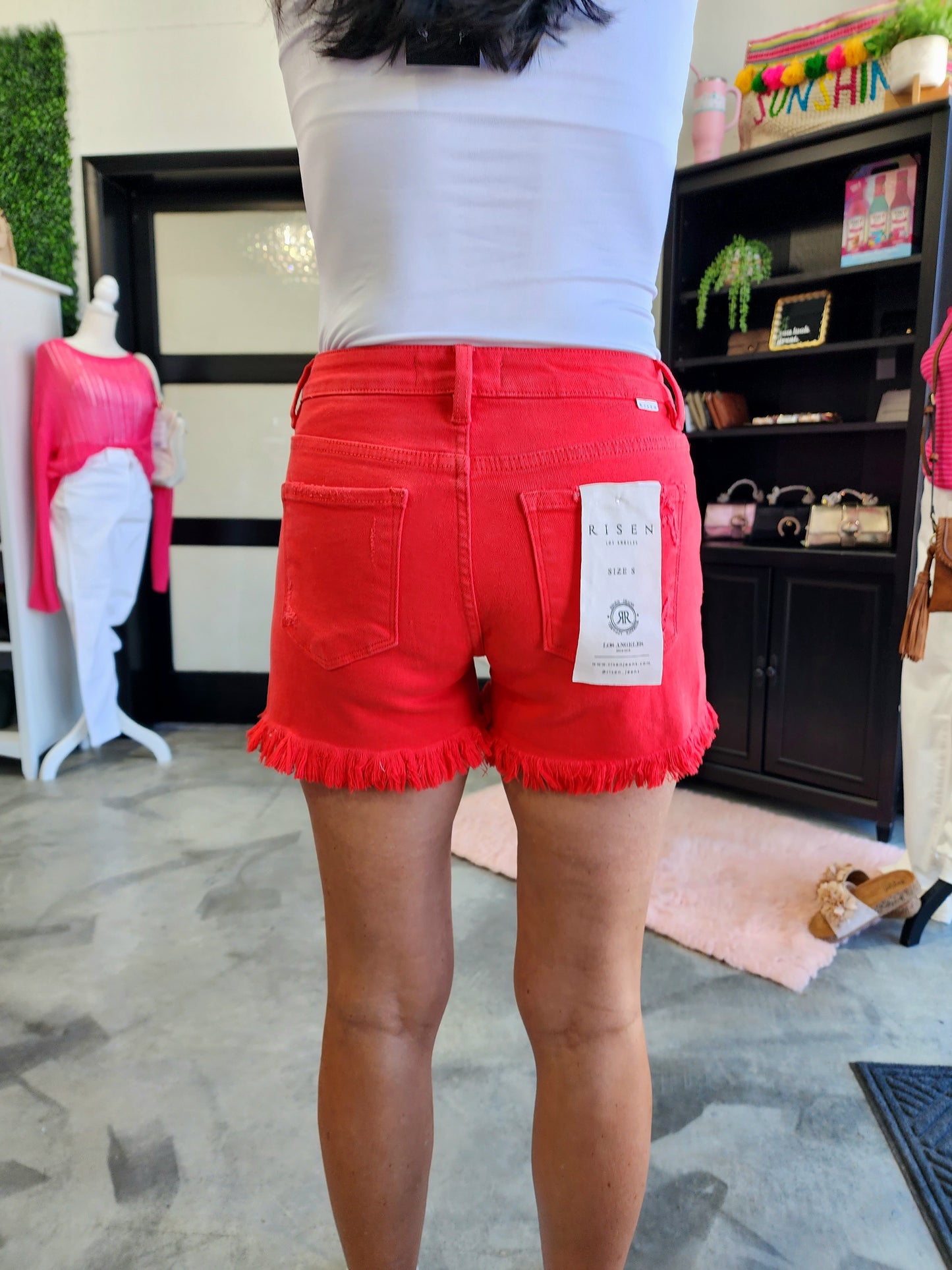 Risen High Rise Fiesta Red Denim Shorts