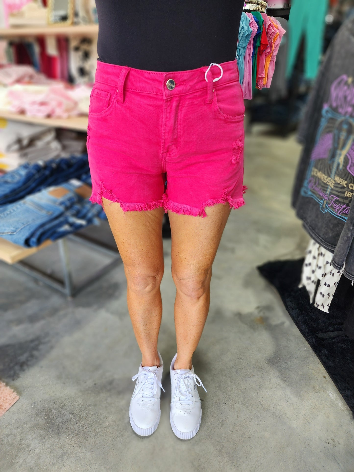 Risen Mid Rise Frayed Hem Denim Shorts