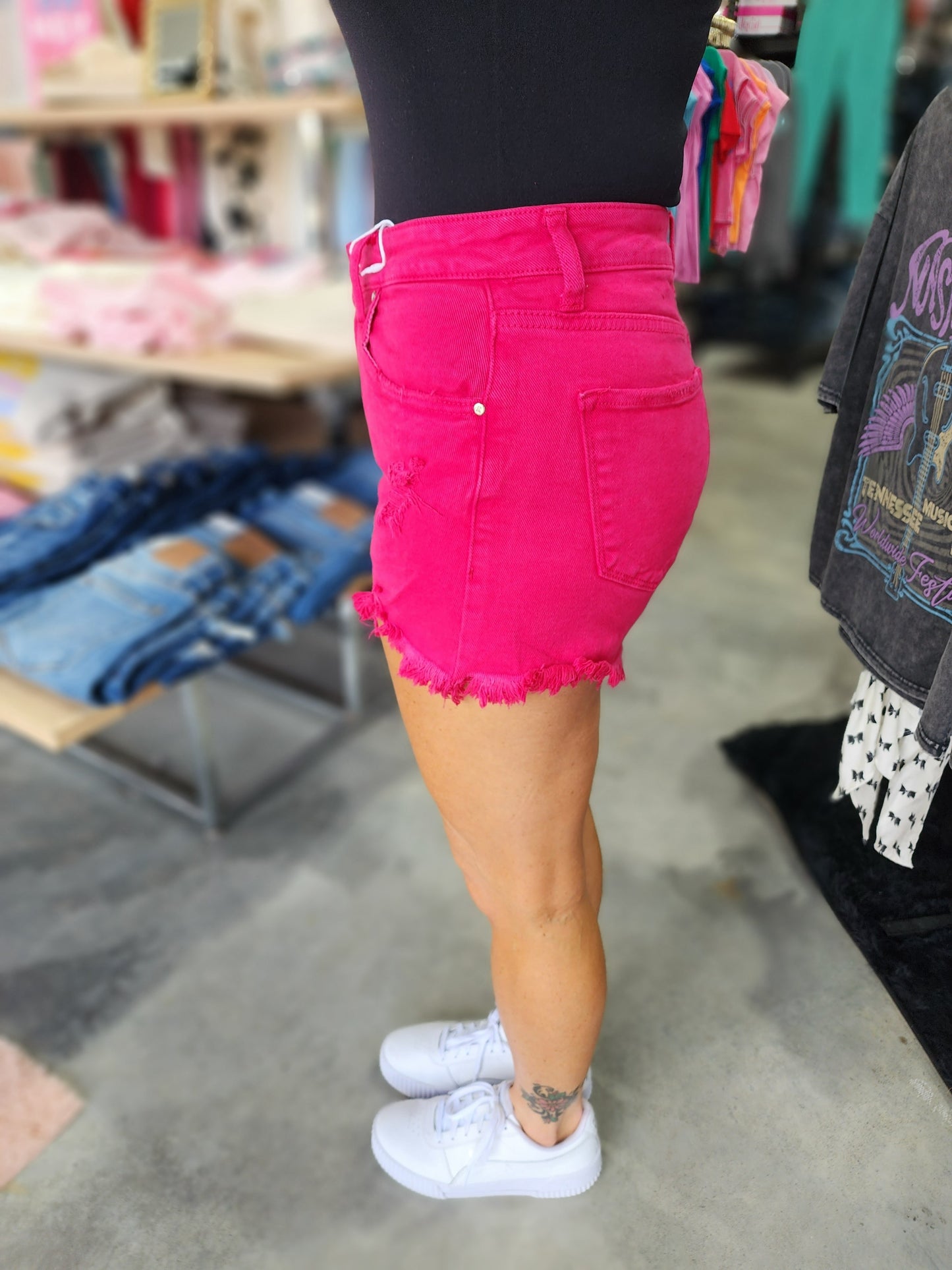 Risen Mid Rise Frayed Hem Denim Shorts