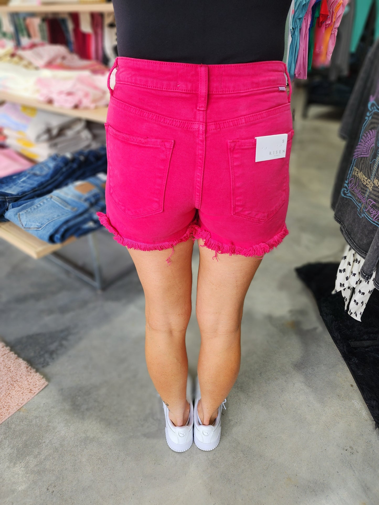 Risen Mid Rise Frayed Hem Denim Shorts