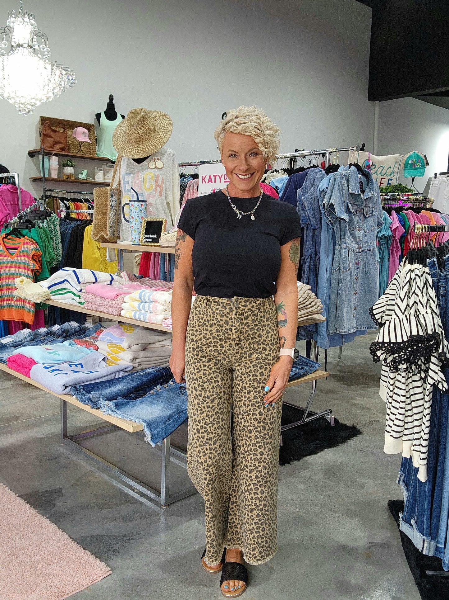 Leopard High Rise Denim Frayed Wide Leg Pants