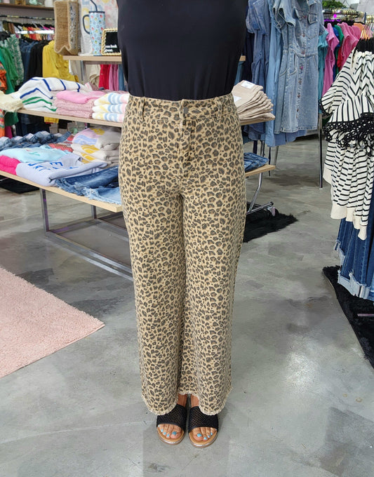 Leopard High Rise Denim Frayed Wide Leg Pants