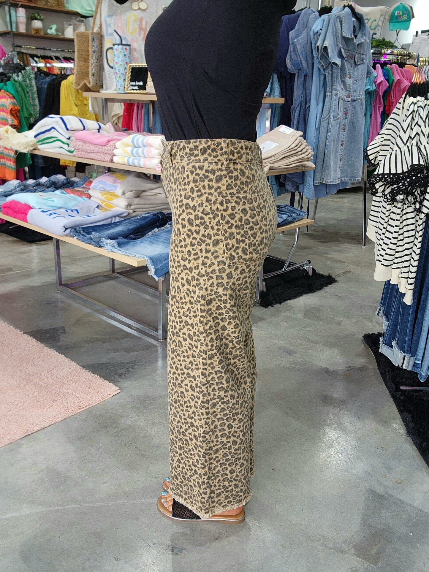 Leopard High Rise Denim Frayed Wide Leg Pants