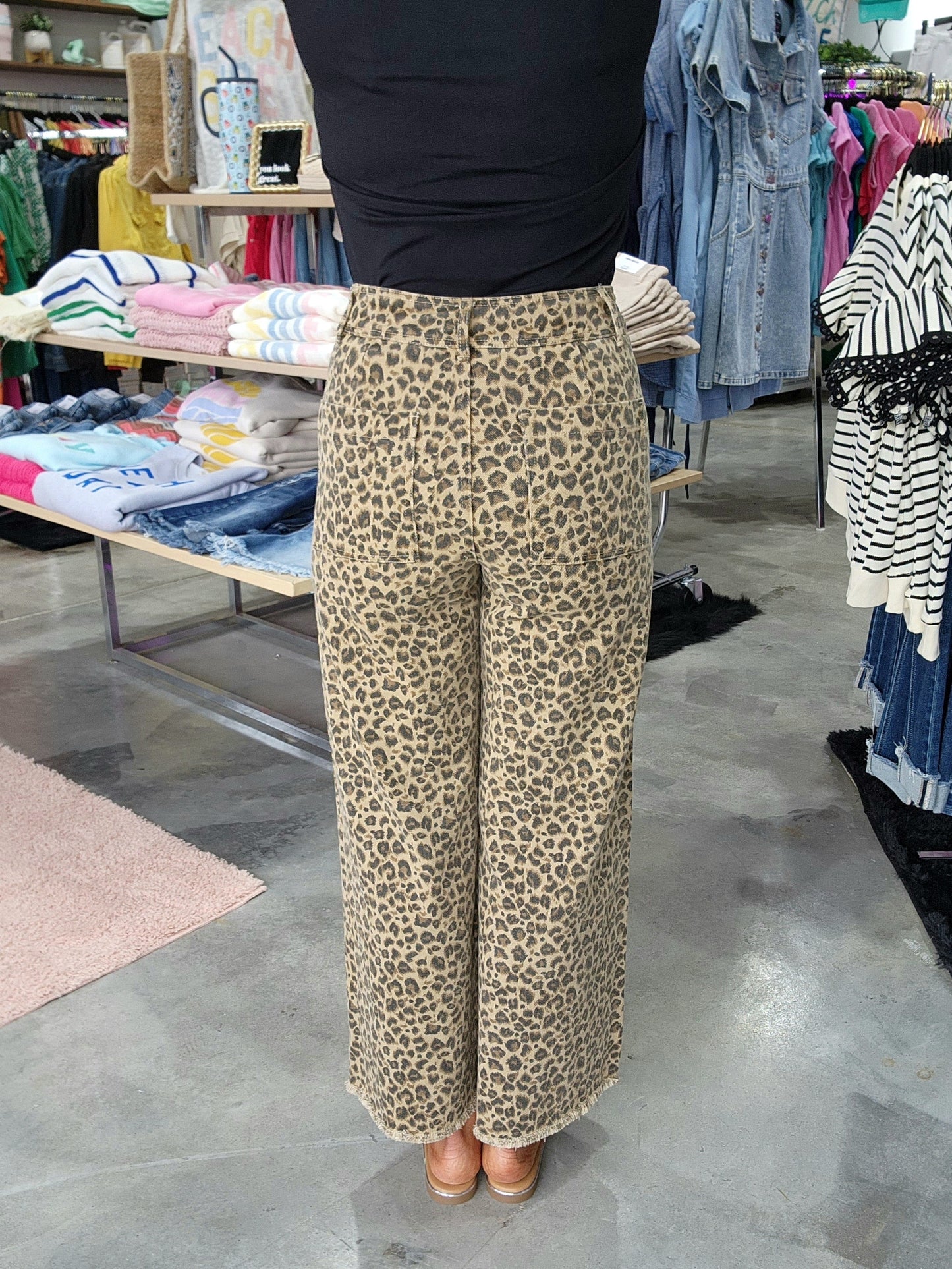 Leopard High Rise Denim Frayed Wide Leg Pants