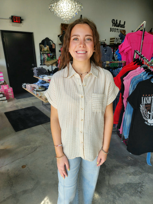 The Linen Striped Button Down Top