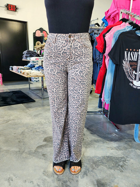 Leopard Frayed Edge Wide Leg Jeans