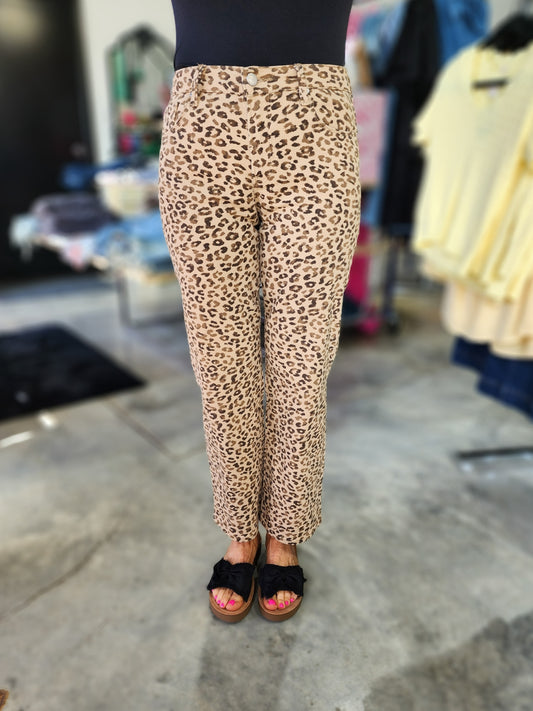 Risen Leopard Mid Rise Straight Denim Jeans