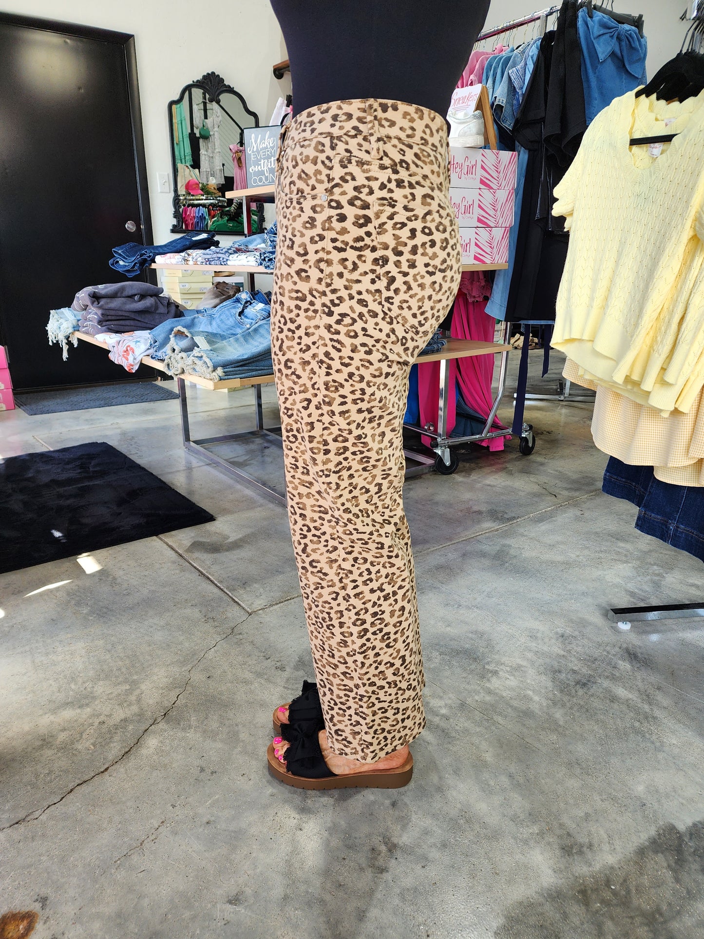 Risen Leopard Mid Rise Straight Denim Jeans