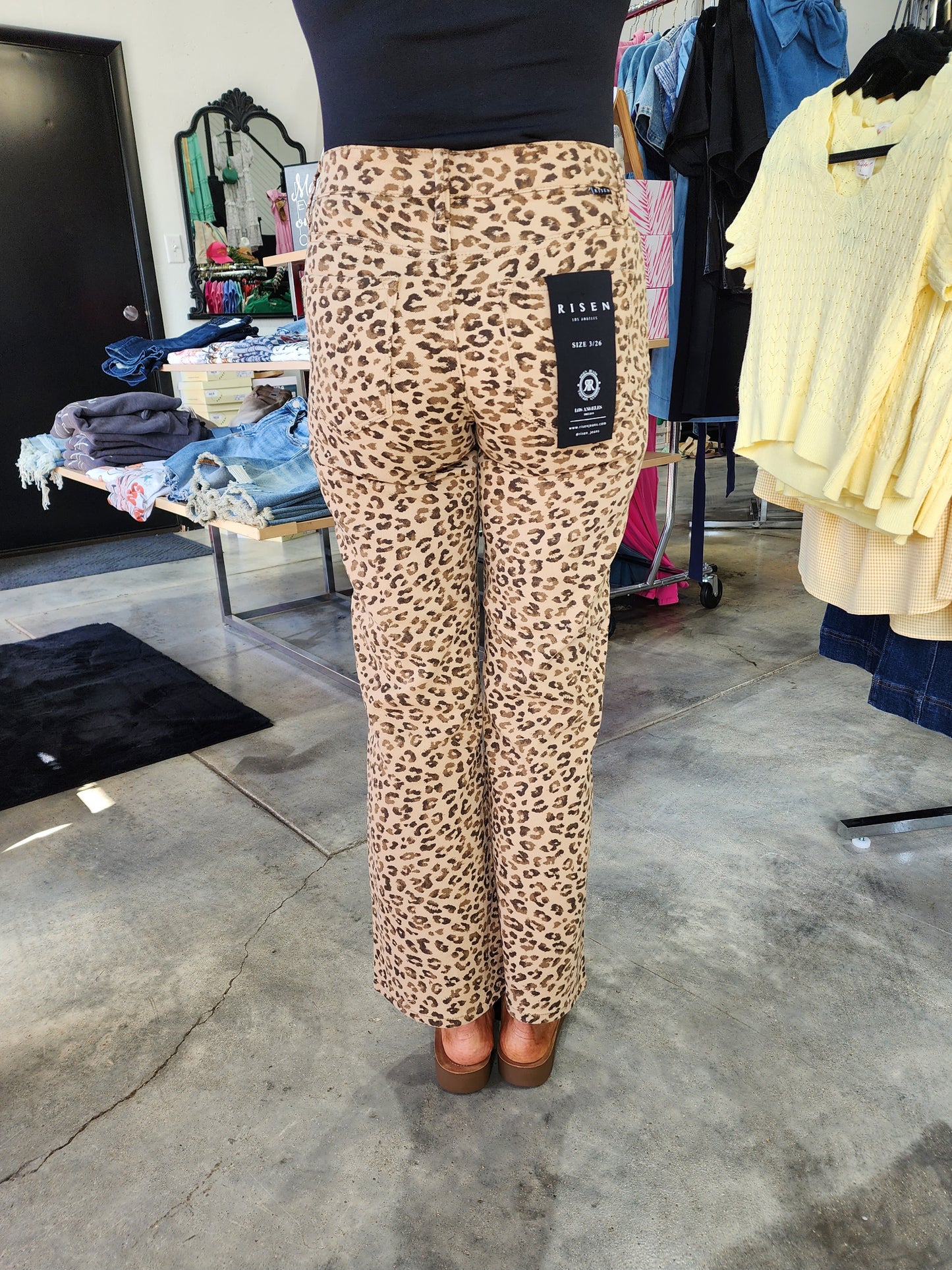Risen Leopard Mid Rise Straight Denim Jeans