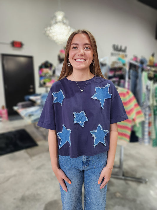 Denim Star Patch Short Sleeve Top