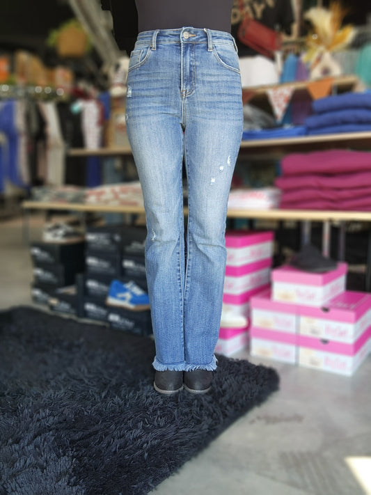 Risen High Rise Bootcut Vintage Frayed Hem Denim Jeans