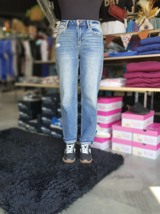 Risen High Rise Ankle Boyfriend Distressed Denim Jeans