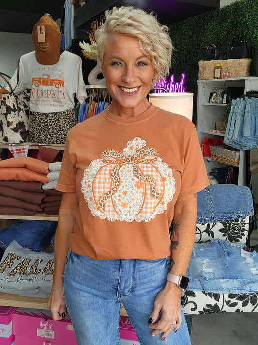 Lace Pumpkin & Leopard Bow Fall Graphic Tee