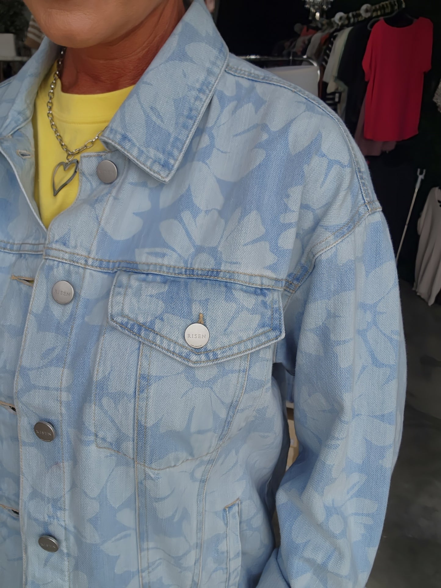 Risen Flower Print Boxy Denim Jacket
