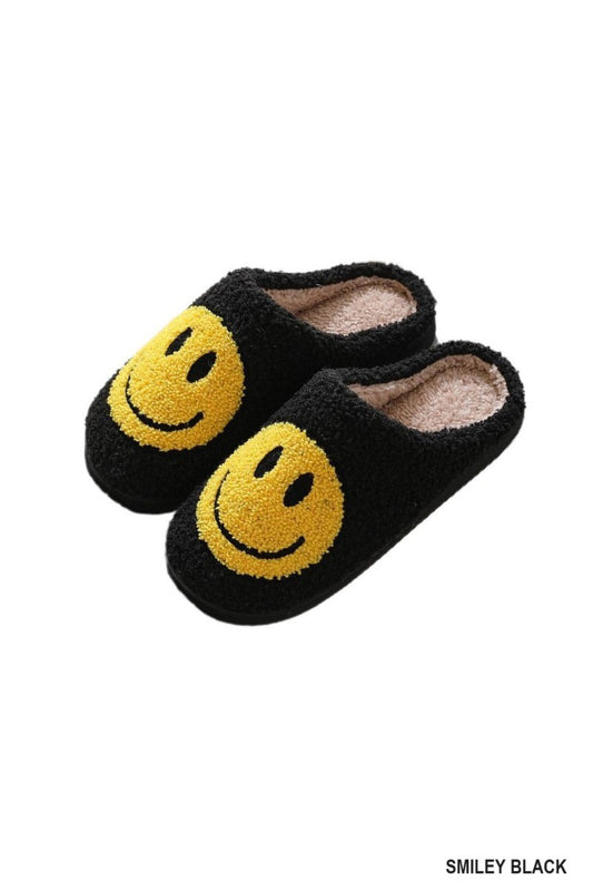 Smiley Black Soft Plush Slippers