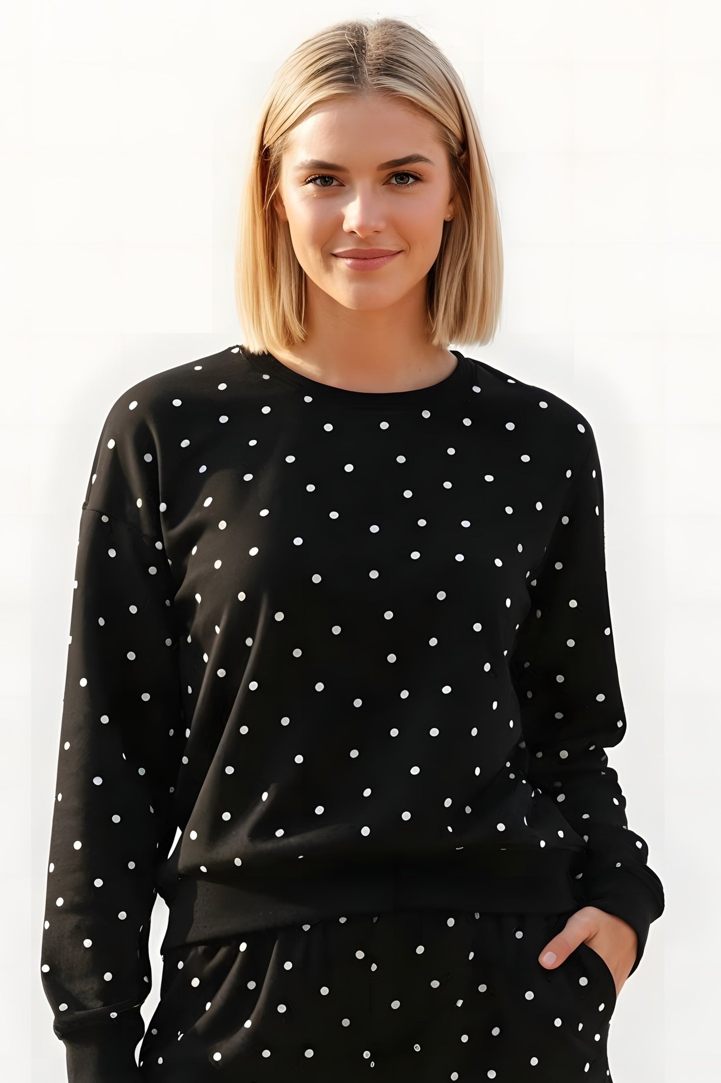 Fleece Relaxed Polka Dot Crew Neck Sweatshirt