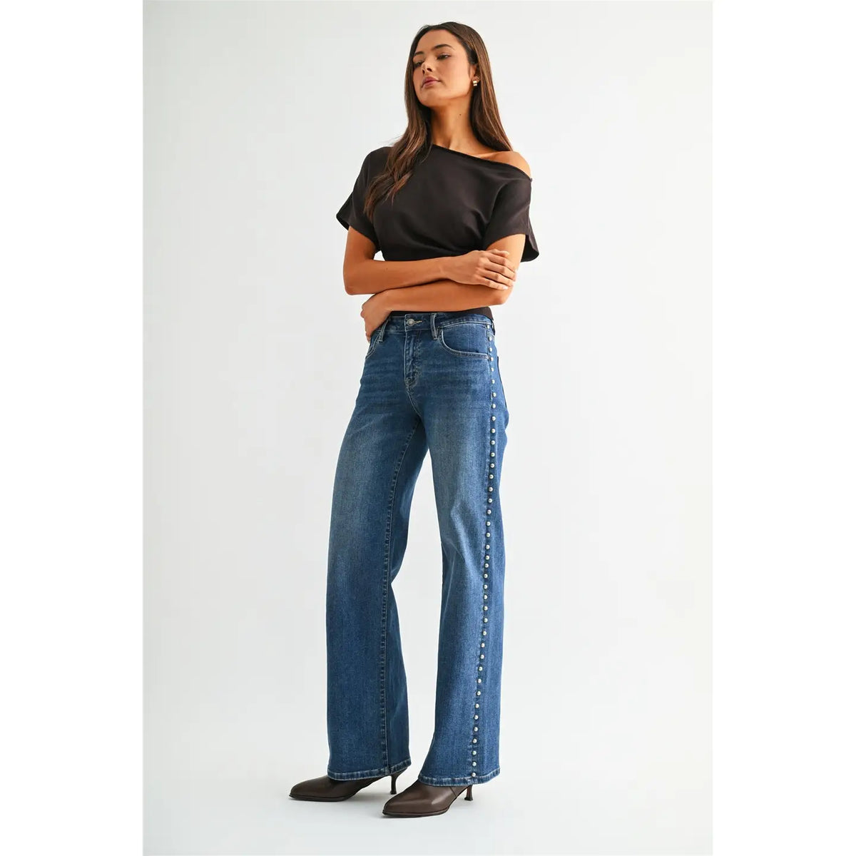 Mica Mid Rise Wide Leg Embellished Side Jeans