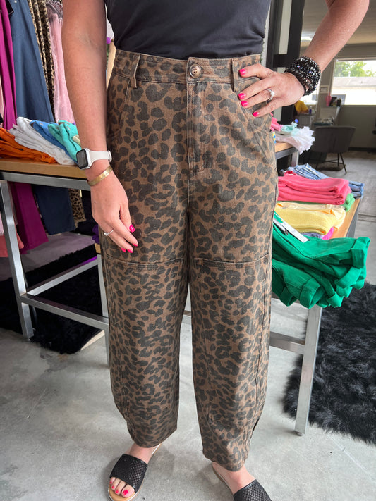 Leopard Mid Rise Wide Leg Barrel Pants