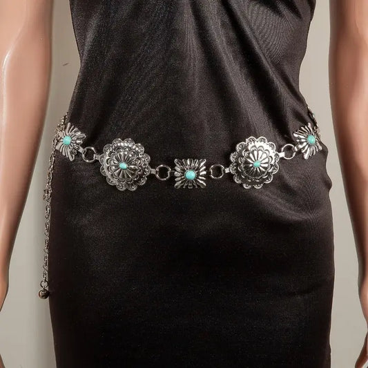 Western Turquoise Stud Floral Chain Belt