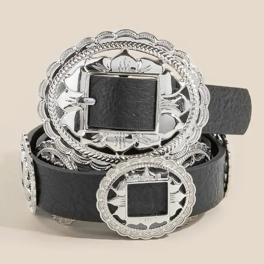 Western Floral Concho Disc Leather Belt