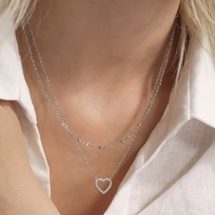 Dainty Silver Layered Heart Necklace