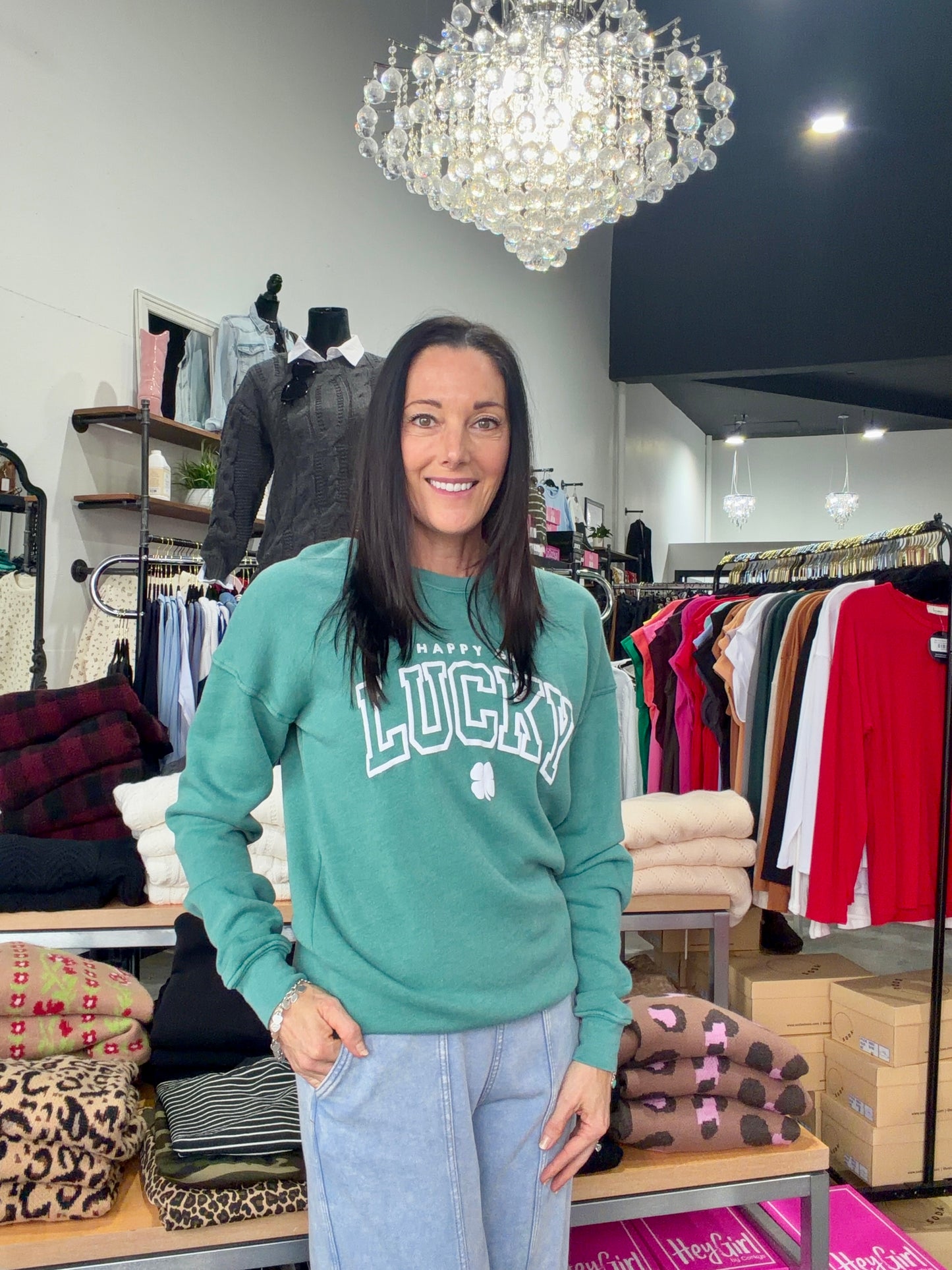 Happy Go Lucky Puff Letter Sweatshirt