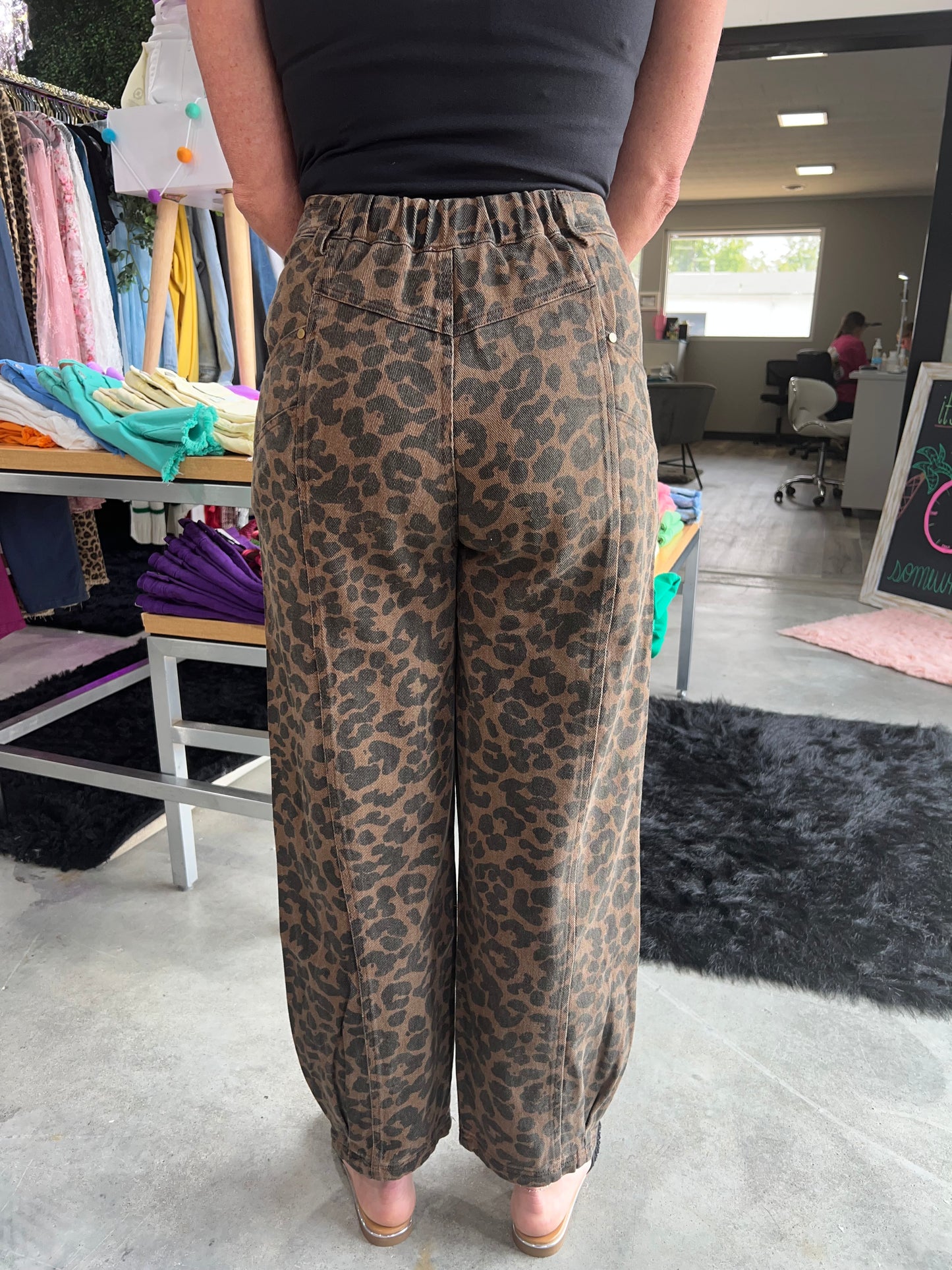 Leopard Mid Rise Wide Leg Barrel Pants