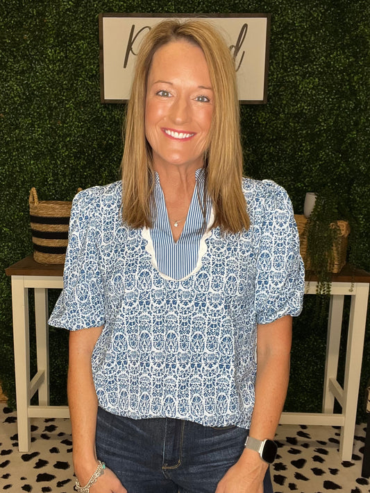 Floral Striped Puff Sleeve Top