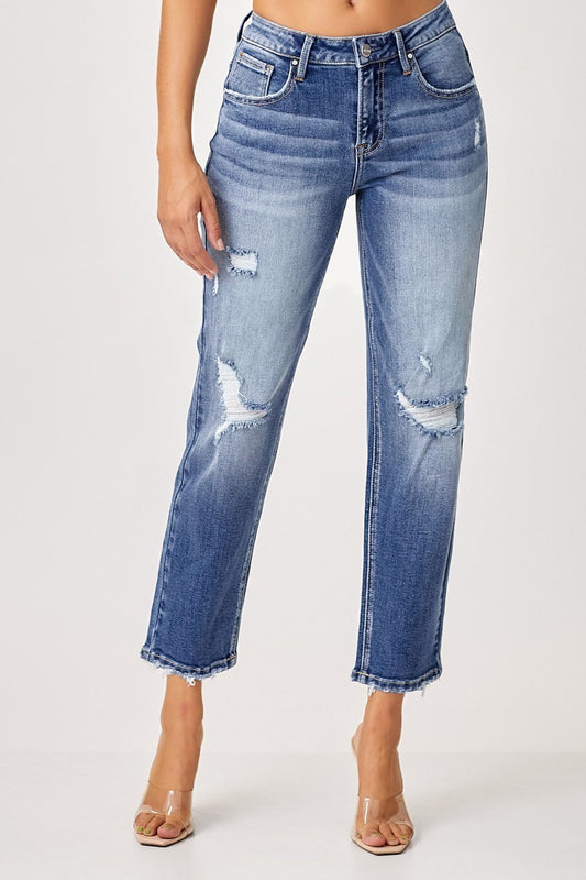 Risen Mid-Rise Distressed Boyfriend Fit Jeans