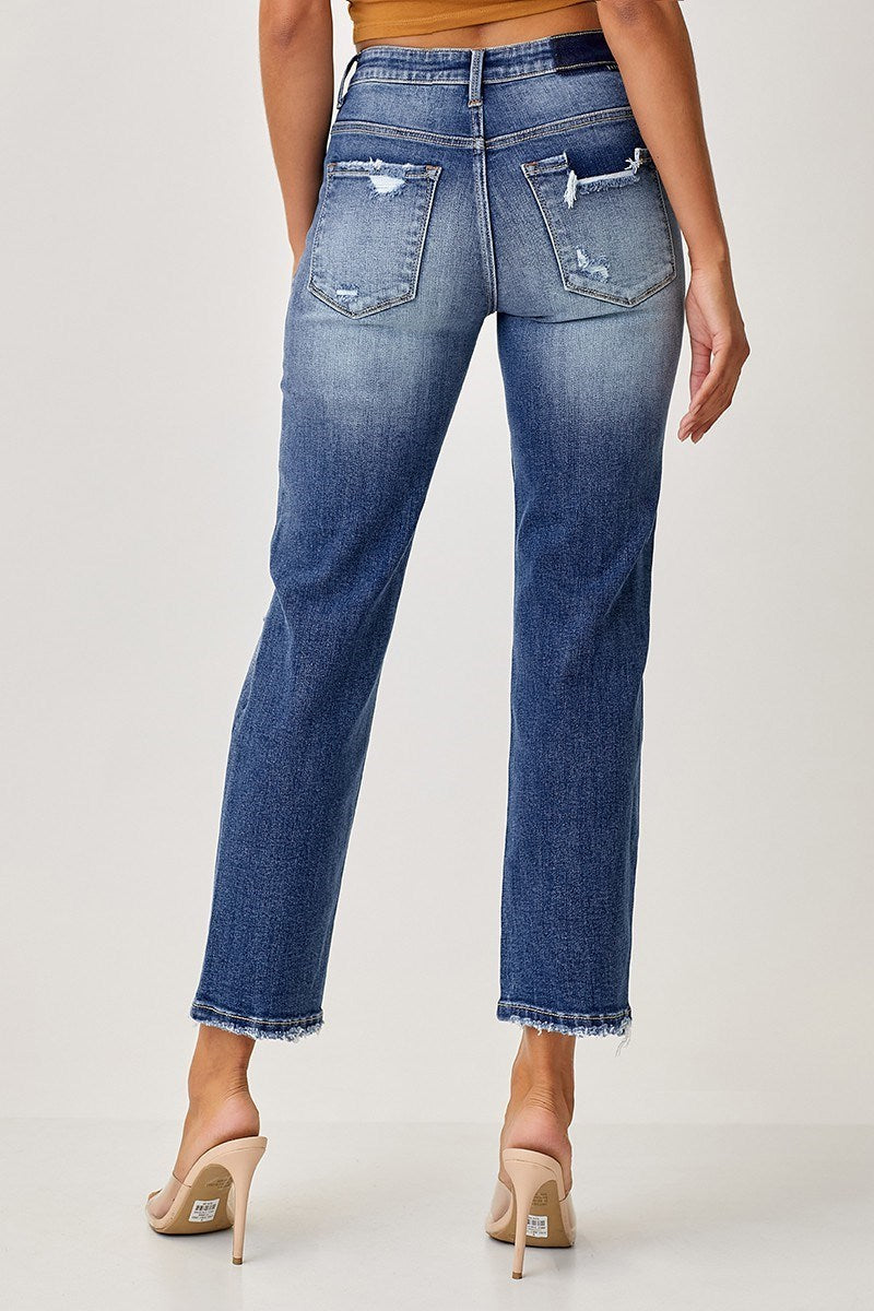 Risen Mid-Rise Distressed Boyfriend Fit Jeans