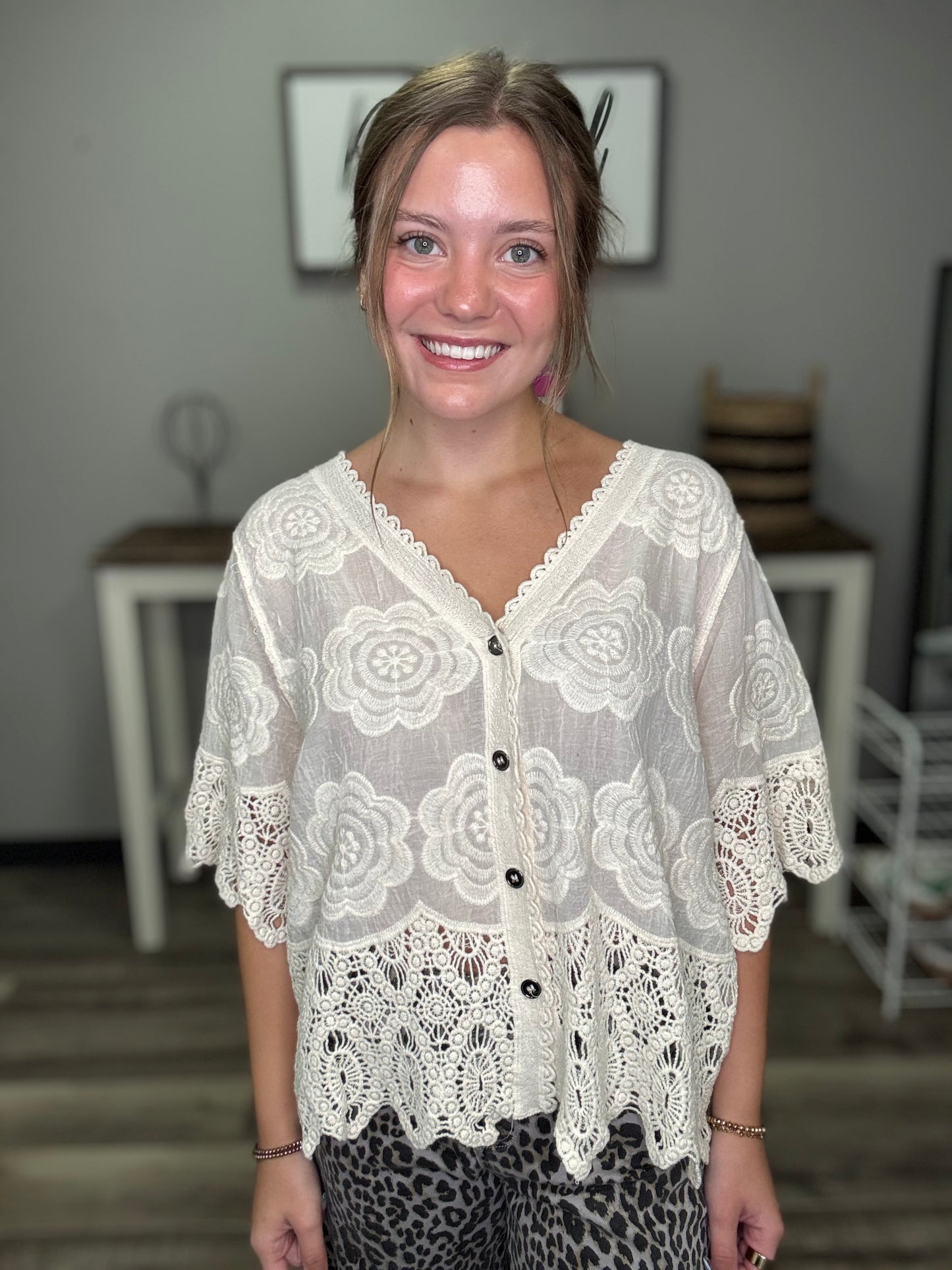 Crochet Trim Neckline Top