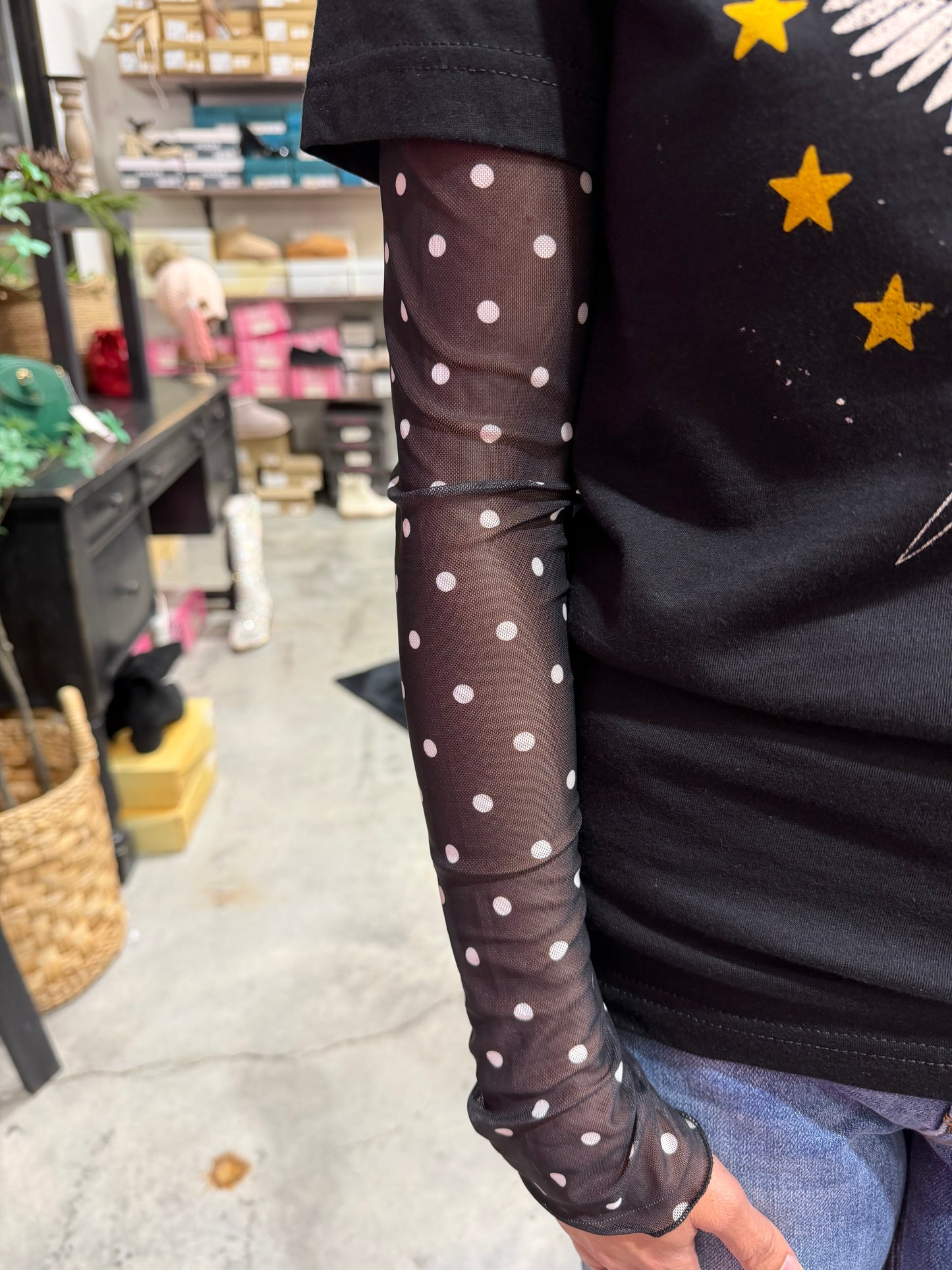 Polka Dot Mesh Long Sleeve Top