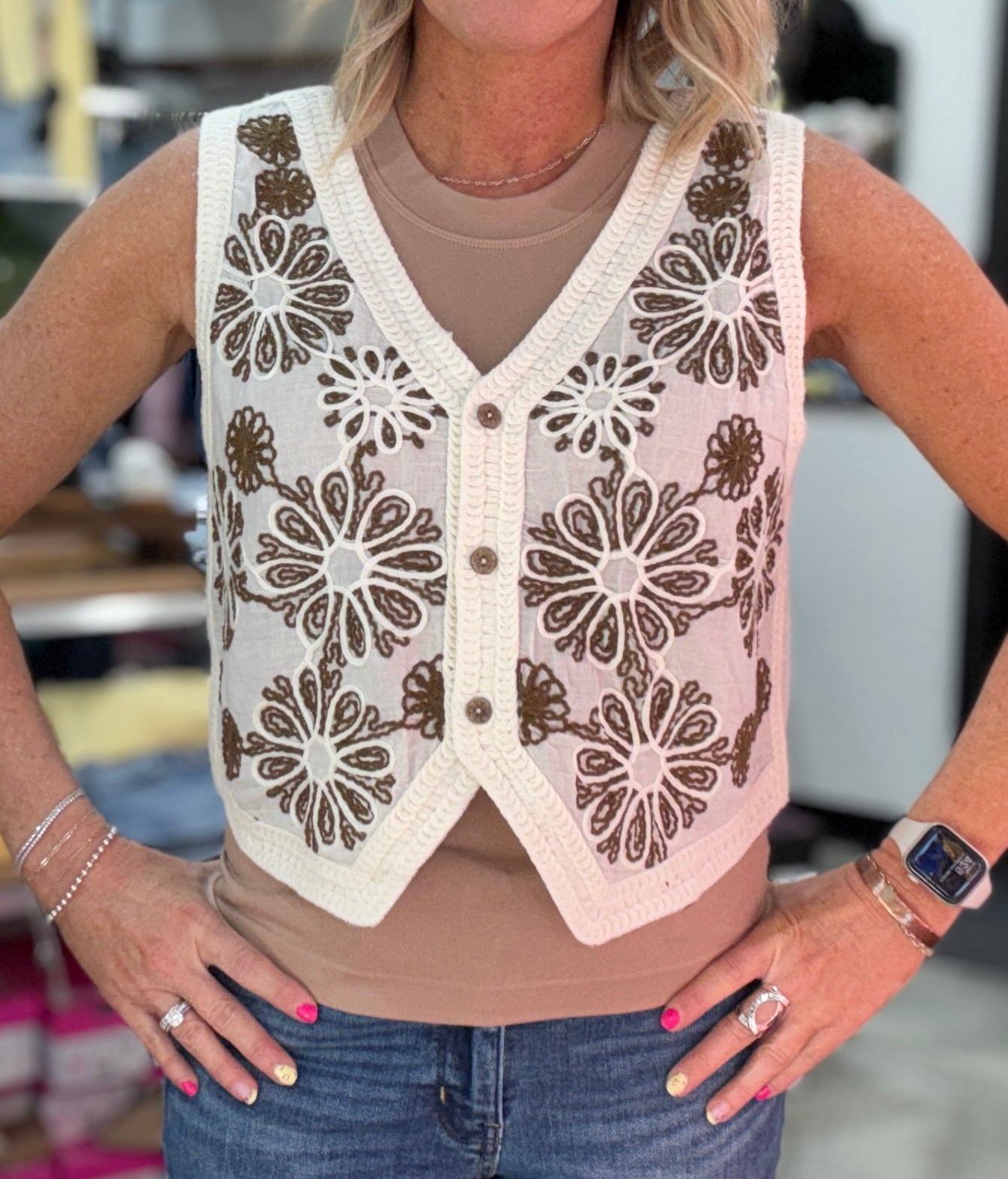 Floral V-Neck Crochet Vest