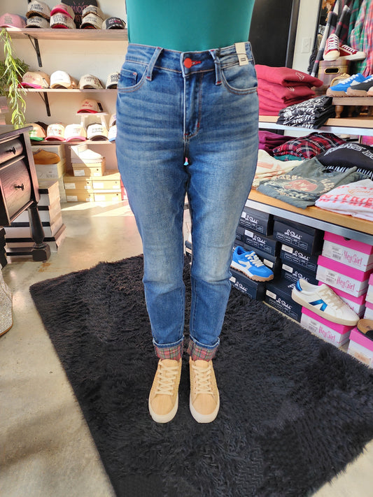 Judy Blue Mid Rise Plaid Print Cuff Boyfriend Denim Jeans