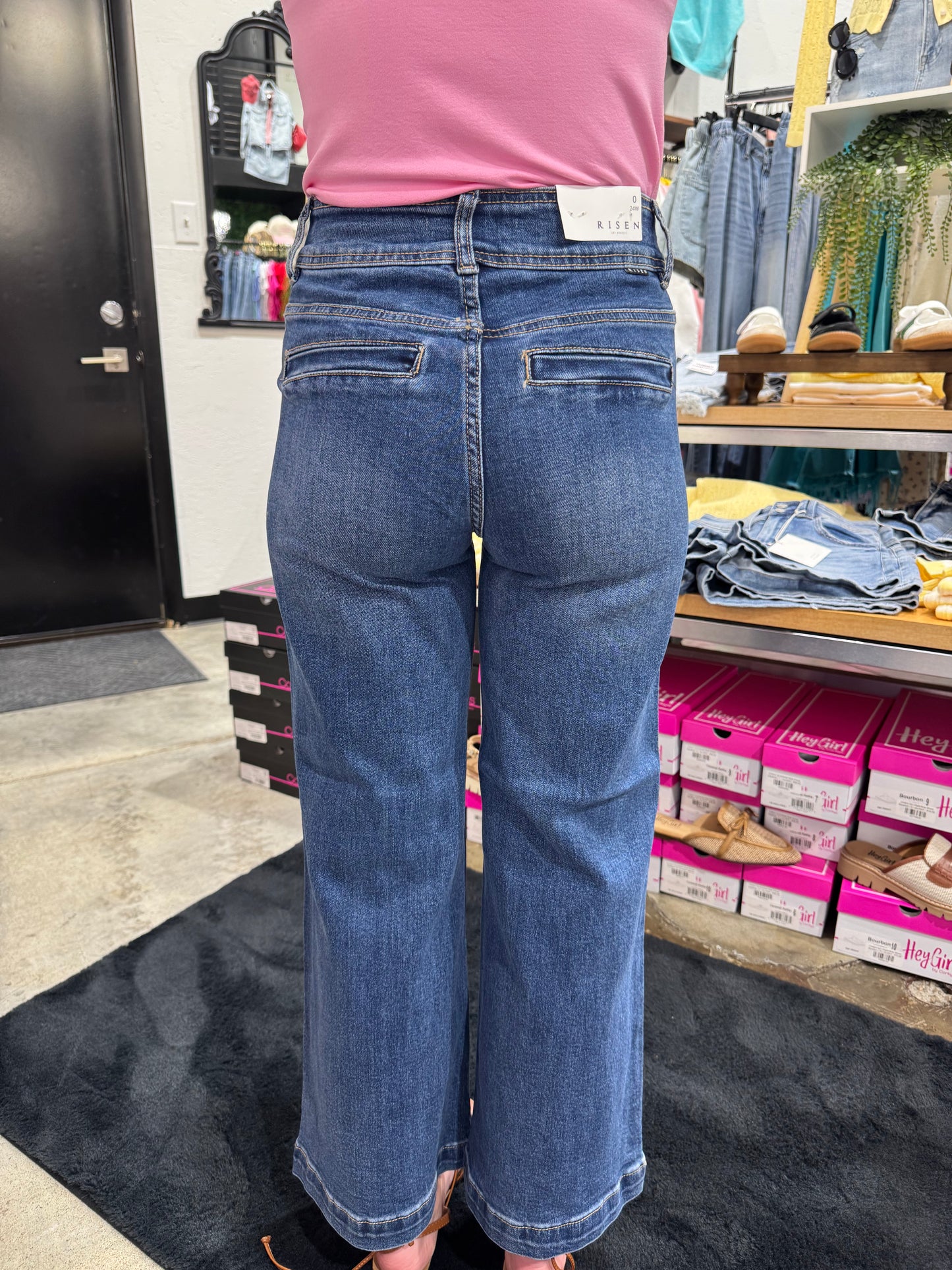 Risen High Rise Crop Wide Waist Chain Detail Denim Jeans