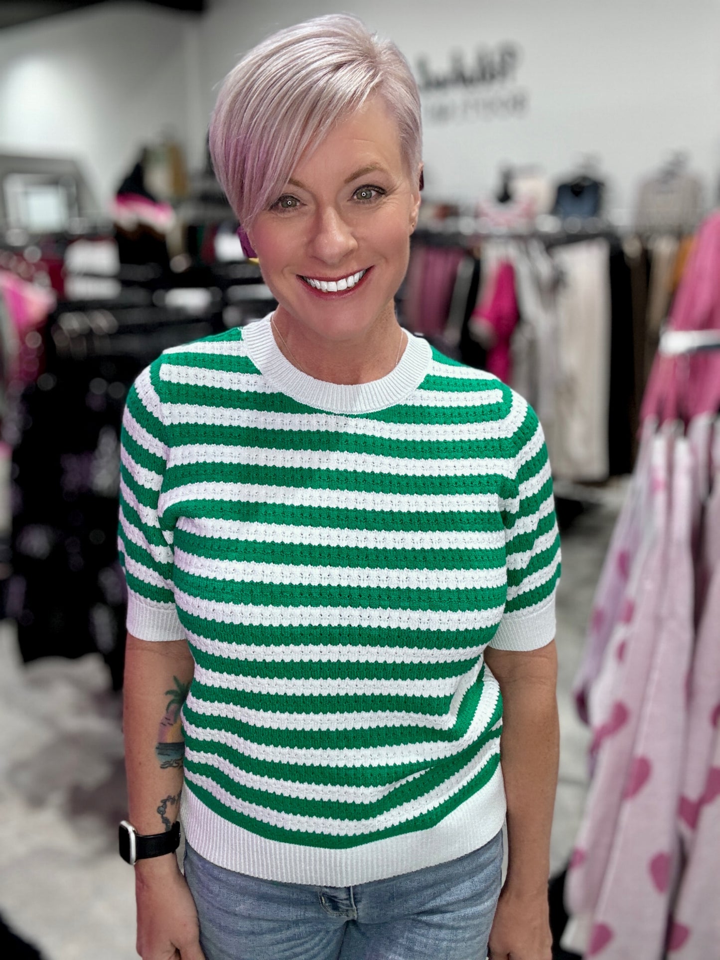 Vibrant Stripes Short Sleeve Sweater