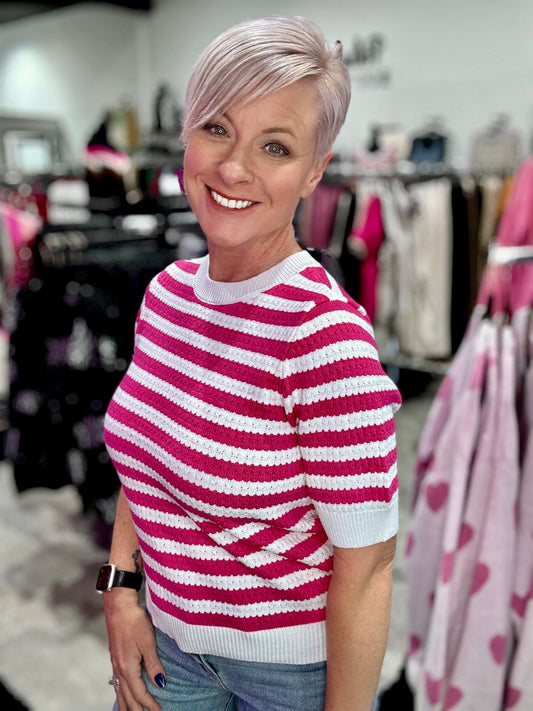 Vibrant Stripes Short Sleeve Sweater