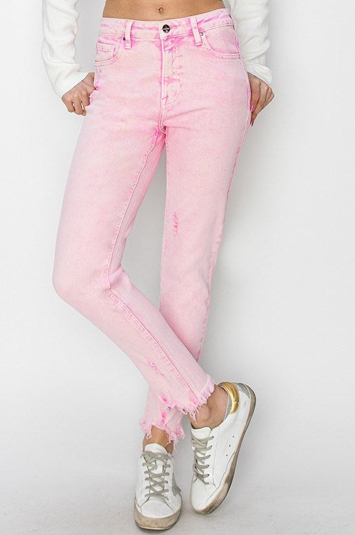 Risen Pink Acid Wash High Waist Skinny Jeans