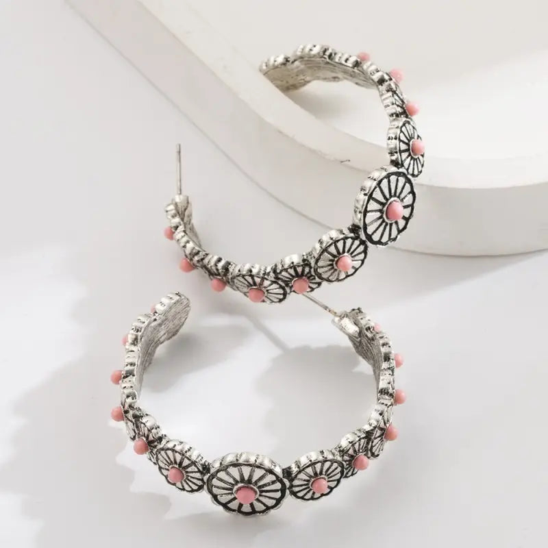 Flower Western Turquoise Hoop Earrings