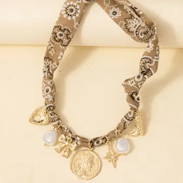 Bow Pearl & Coin Charms Bandana Necklace