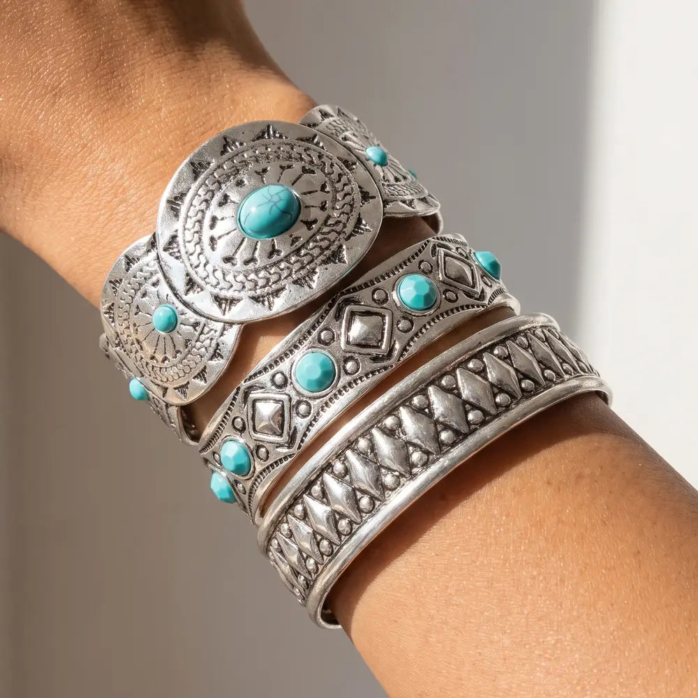 Turquoise Engraved Cuff Bracelet Set