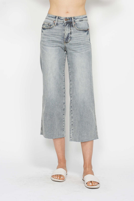Judy Blue Mid Rise Tummy Control Raw Hem Crop Jeans