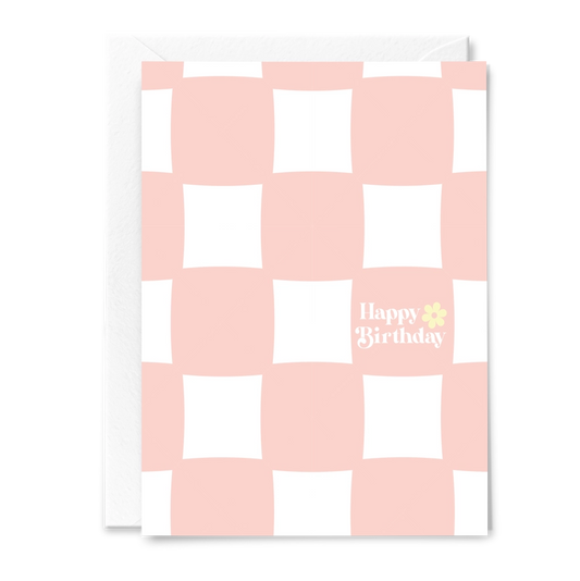 Pink & White Checkered Happy Birthday Card