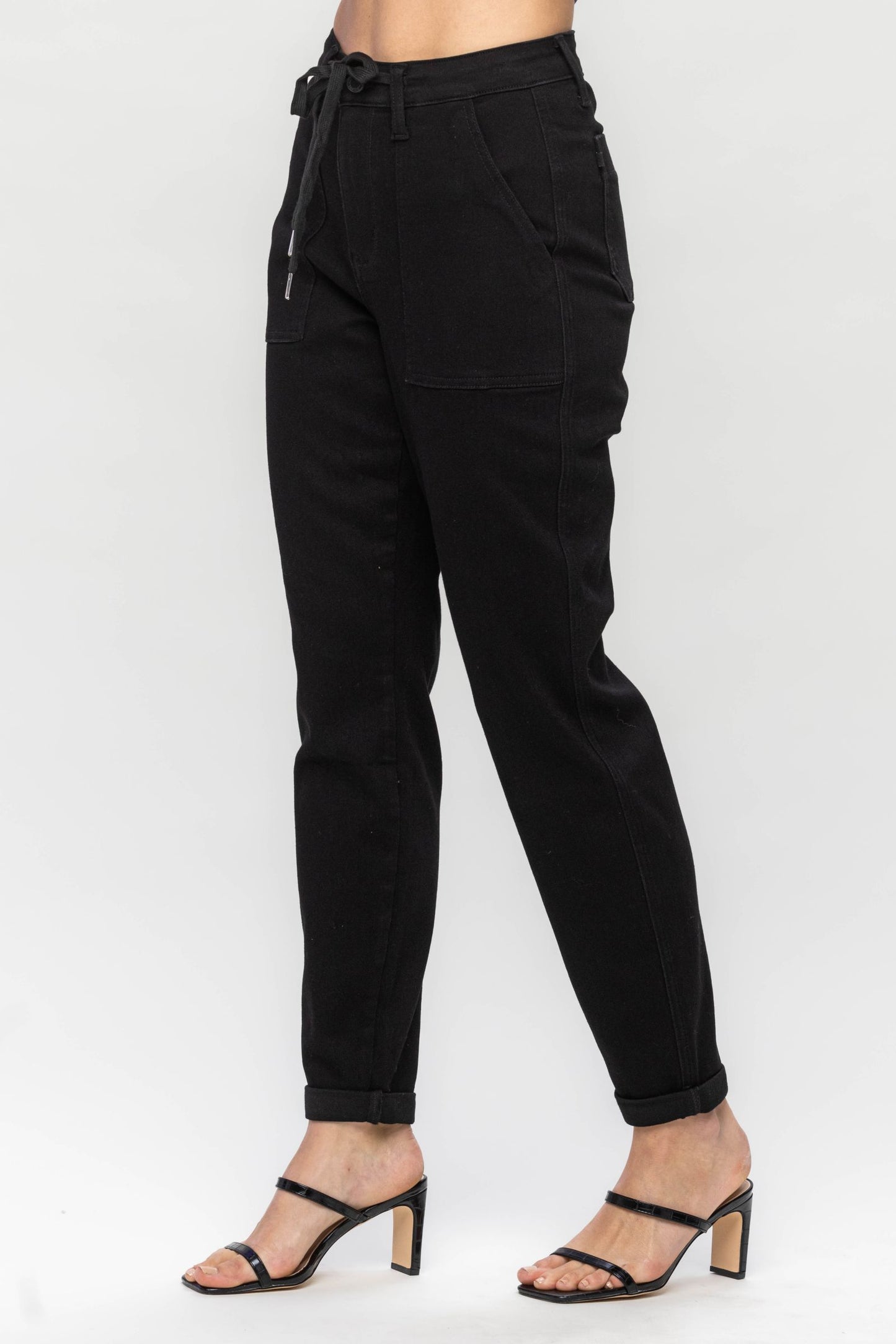 High Waist Jet Black Double Roll Cuff Joggers